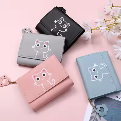 Cute Cat Short Wallet Leather Purse Girls Money Bag