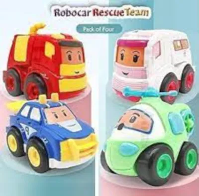 Rescue Team Toy Car Set 4 in 1 Premium Helping ,Friction Powered (All 4 Different Toys) - Police, Ambulance, Fire Car, Helicopter