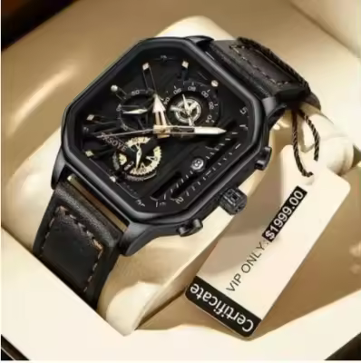 Inspired by torchoy New Square Fashion Watches for Men Quartz Luxury Chronograph Waterproof Leather Wristwatch - 9919 by Z-Zone